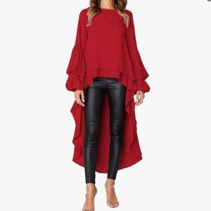 Women's Lantern Long Sleeve Round Neck High Low Asymmetrical Blouse